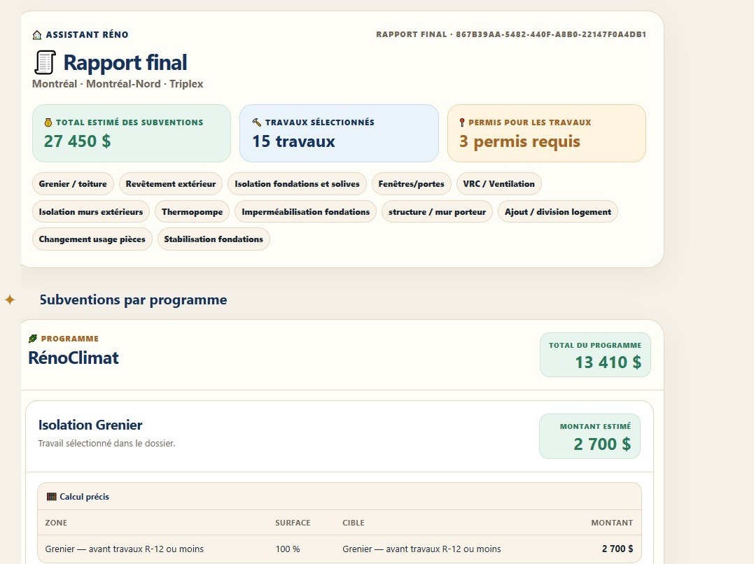 Exemple du rapport final Assistant Réno : aperçu complet sans contenu tronqué